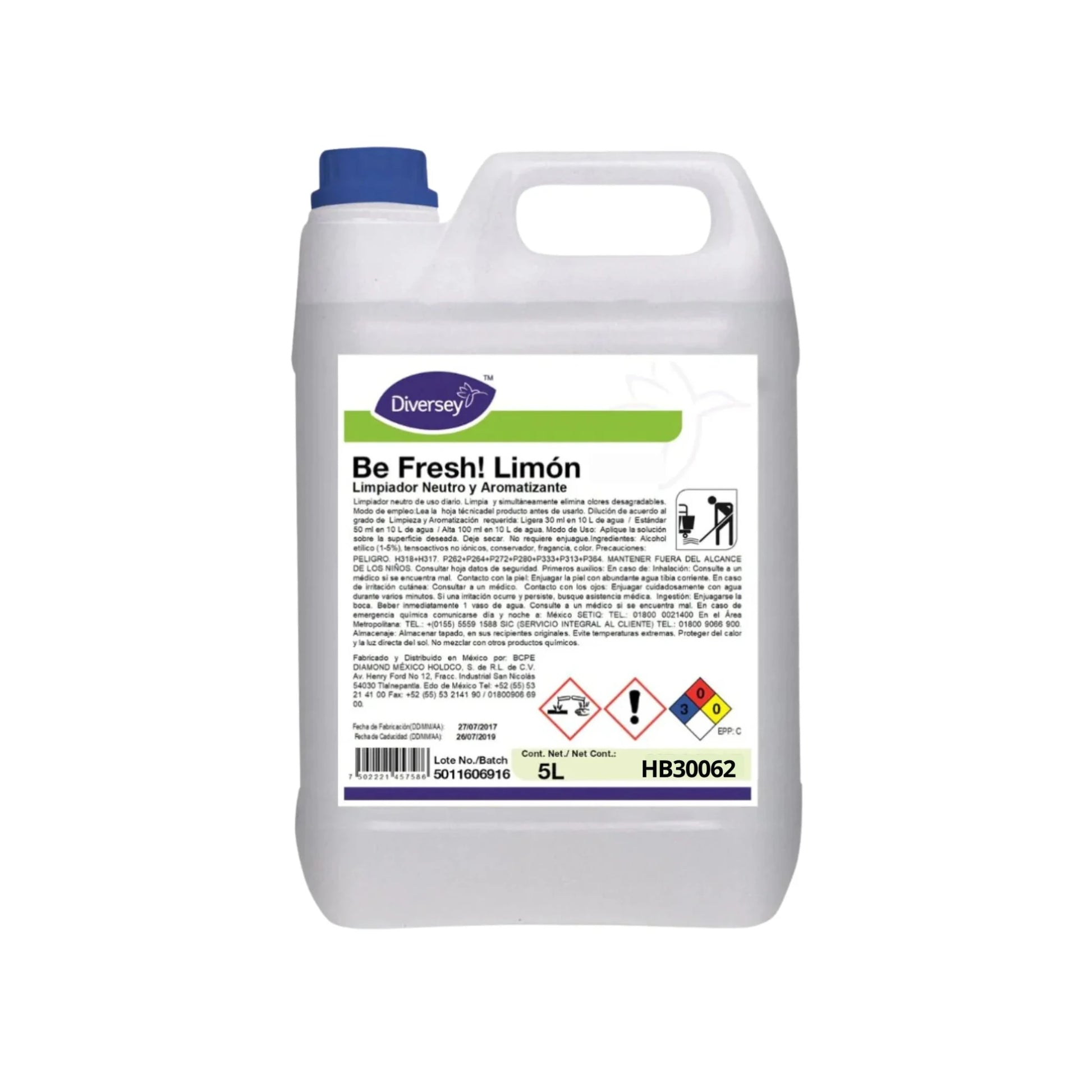 Envase de 5L del limpiador 3 en 1 BeFresh! Limón de Diversey, con gráficos de limones frescos.