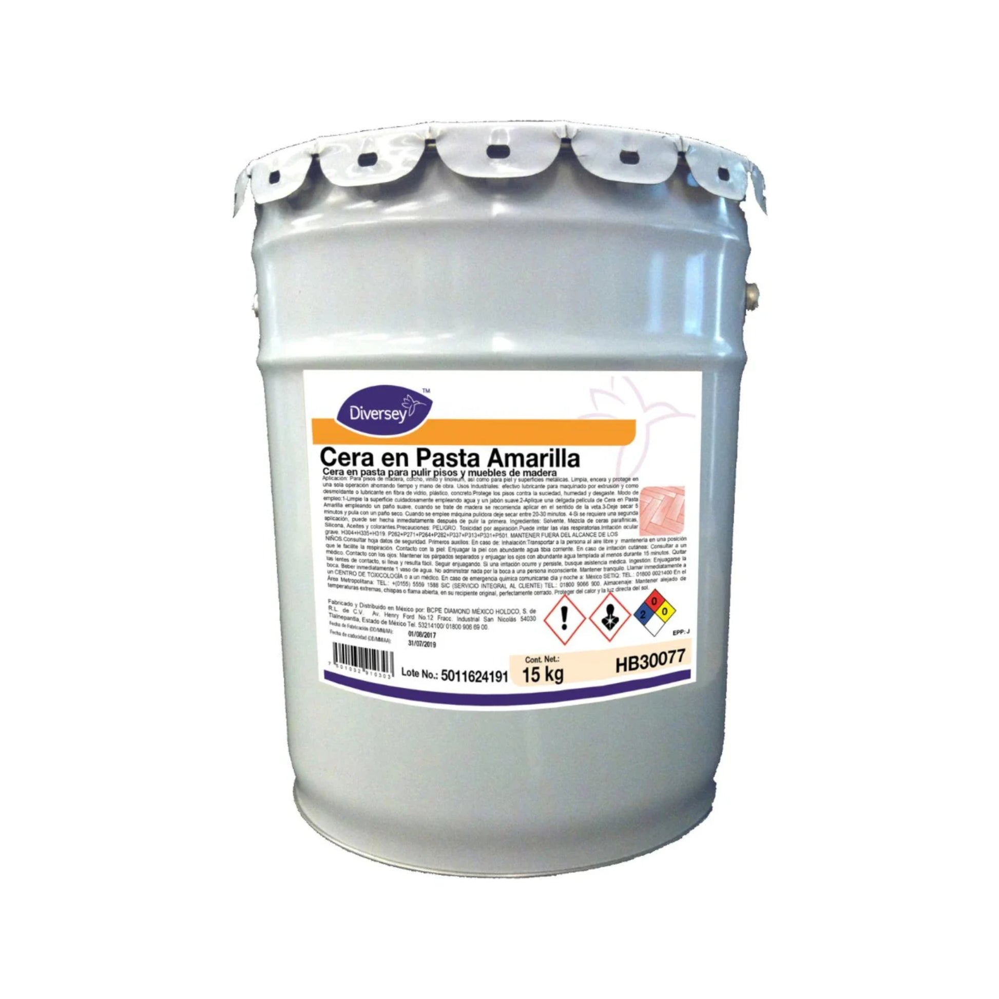 Cubeta de 15 kg de la Cera en Pasta Amarilla de Diversey para el cuidado de pisos y muebles.