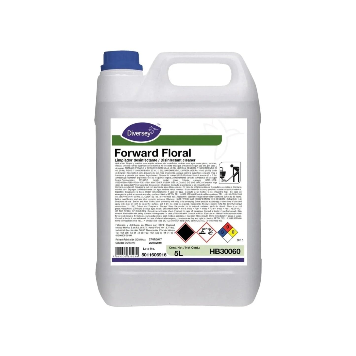 Envase de 5L del desinfectante y desodorizante de uso general Forward Floral de Diversey.