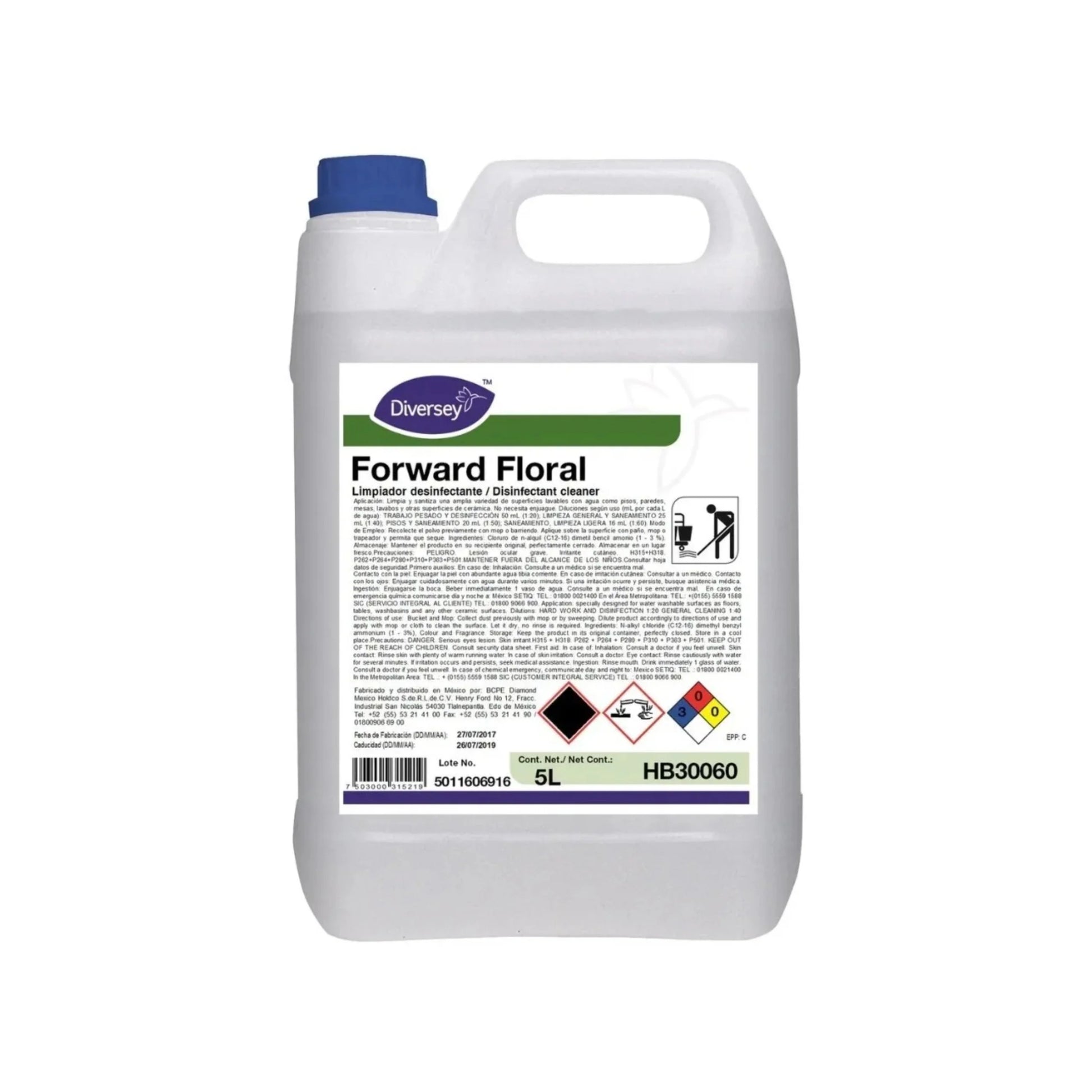 Envase de 5L del desinfectante y desodorizante de uso general Forward Floral de Diversey.