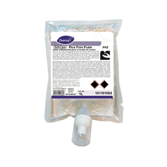 Cartucho o bolsa (pouch) de 1000 ml del jabón en espuma antibacterial Soft Care Plus Free Foam, con su válvula para dispensador.