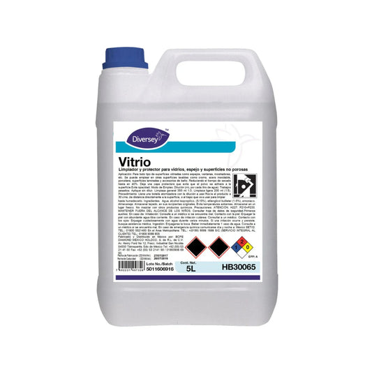 Envase de 5L del limpiador y protector para vidrios y espejos Vitrio de Diversey.