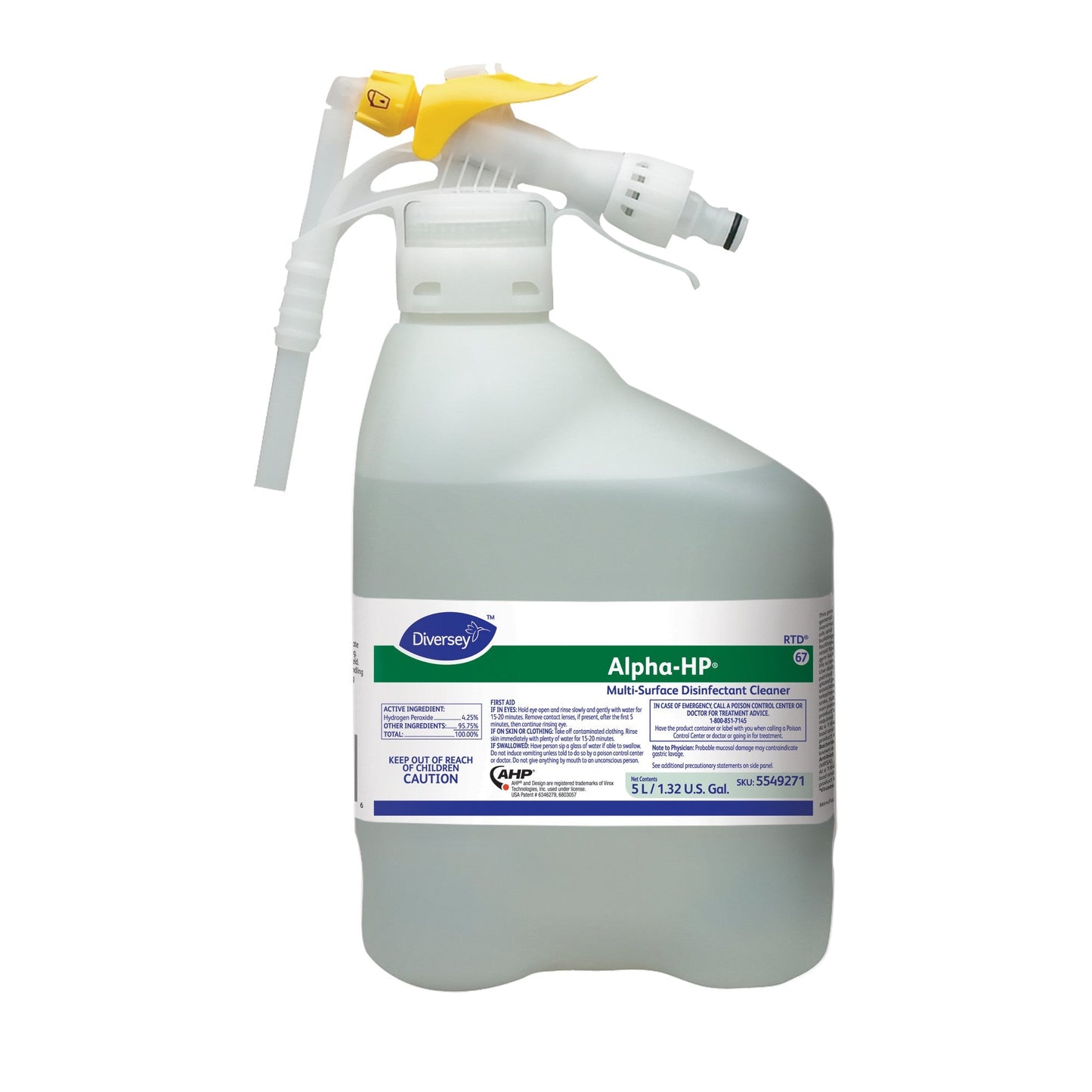 diversey-alpha-hp-limpiador-desinfectante-multiusos.jpg: Dos botellas de Alpha HP de Diversey, mostrando su color transparente y etiqueta verde.