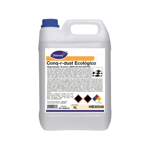 Envase de 5 litros del magnetizador de polvo ecológico Conq-r-dust de Diversey.