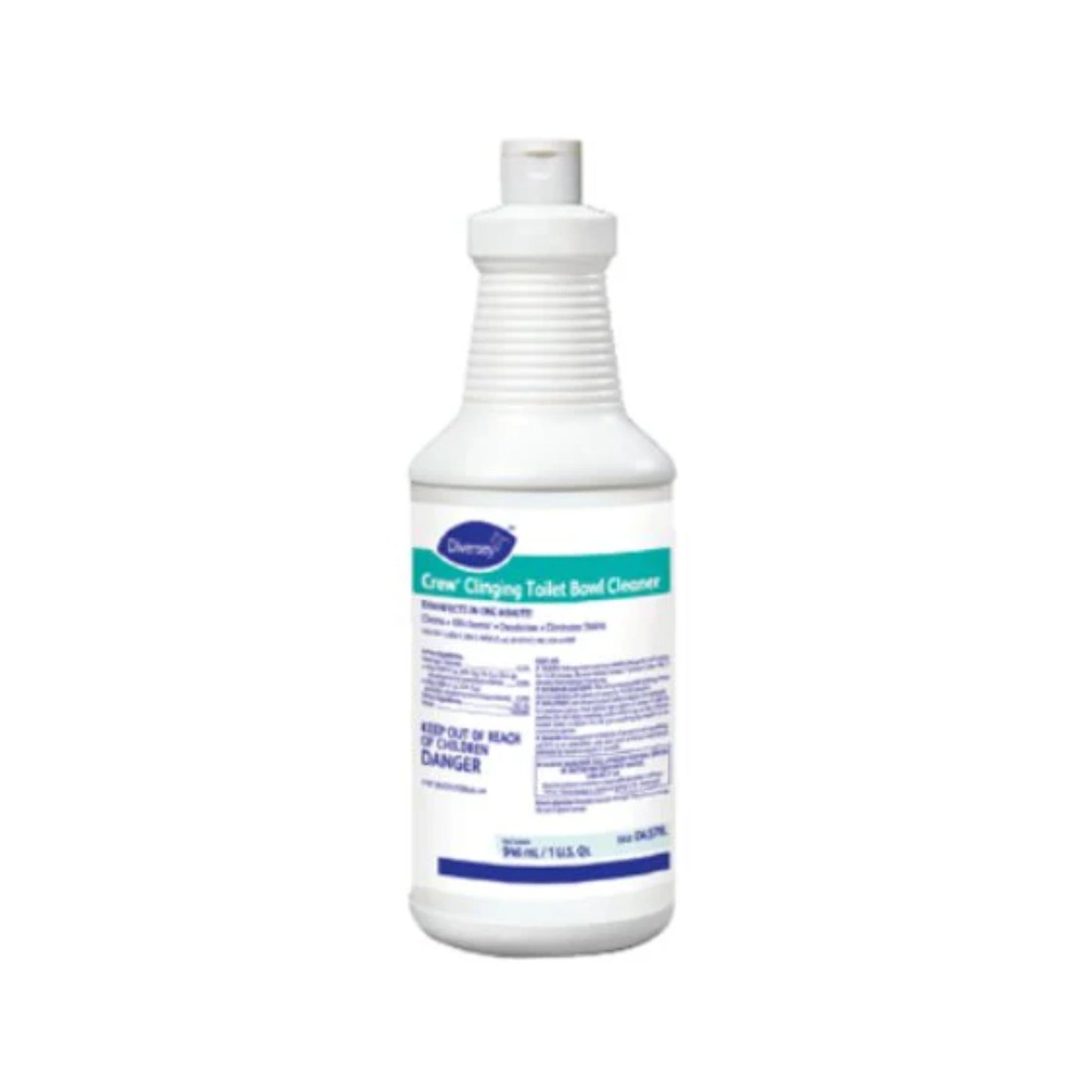 Botella de 32oz del limpiador desinfectante para inodoros Crew Clinging TBC, con su característico cuello angulado.