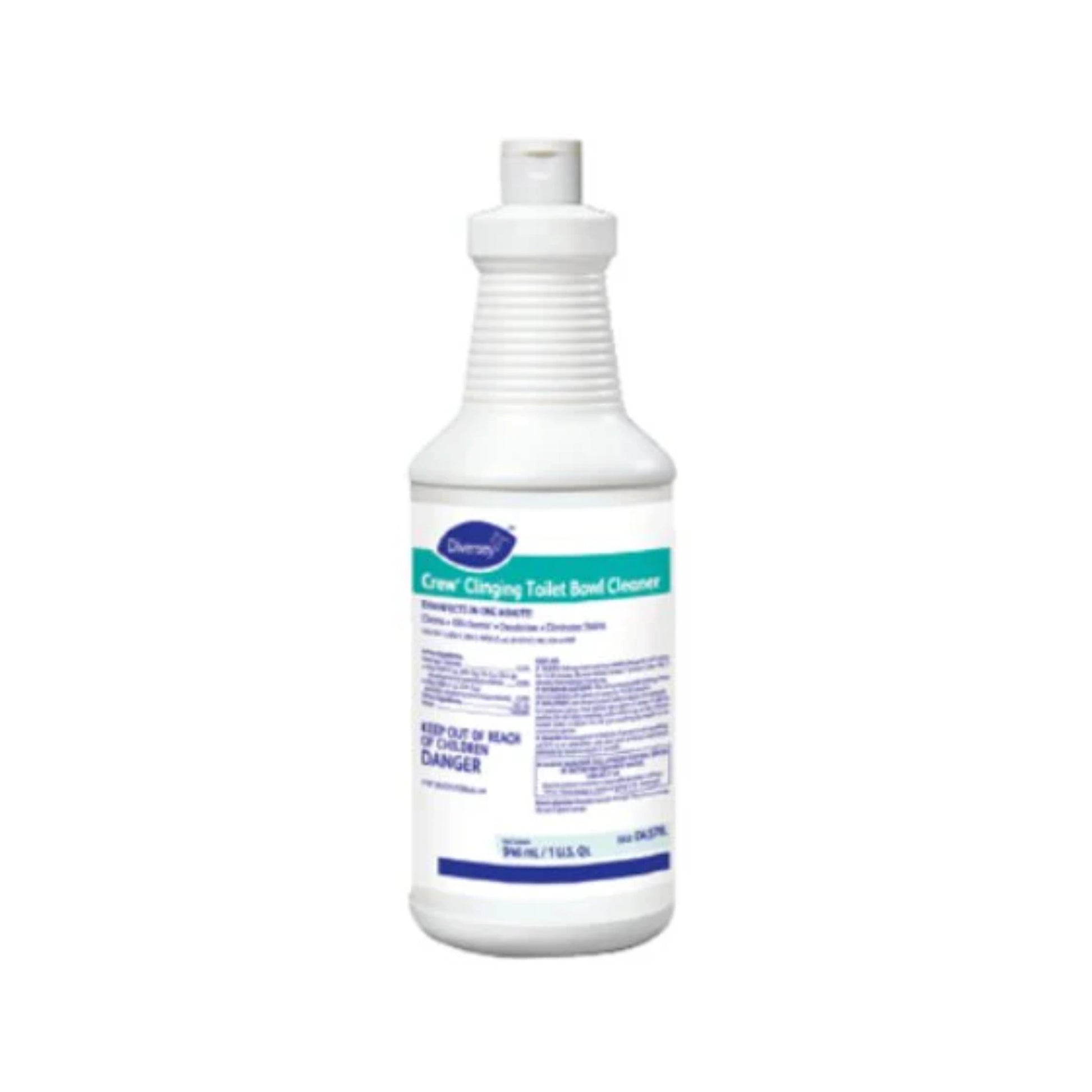 Botella de 32oz del limpiador desinfectante para inodoros Crew Clinging TBC, con su característico cuello angulado.