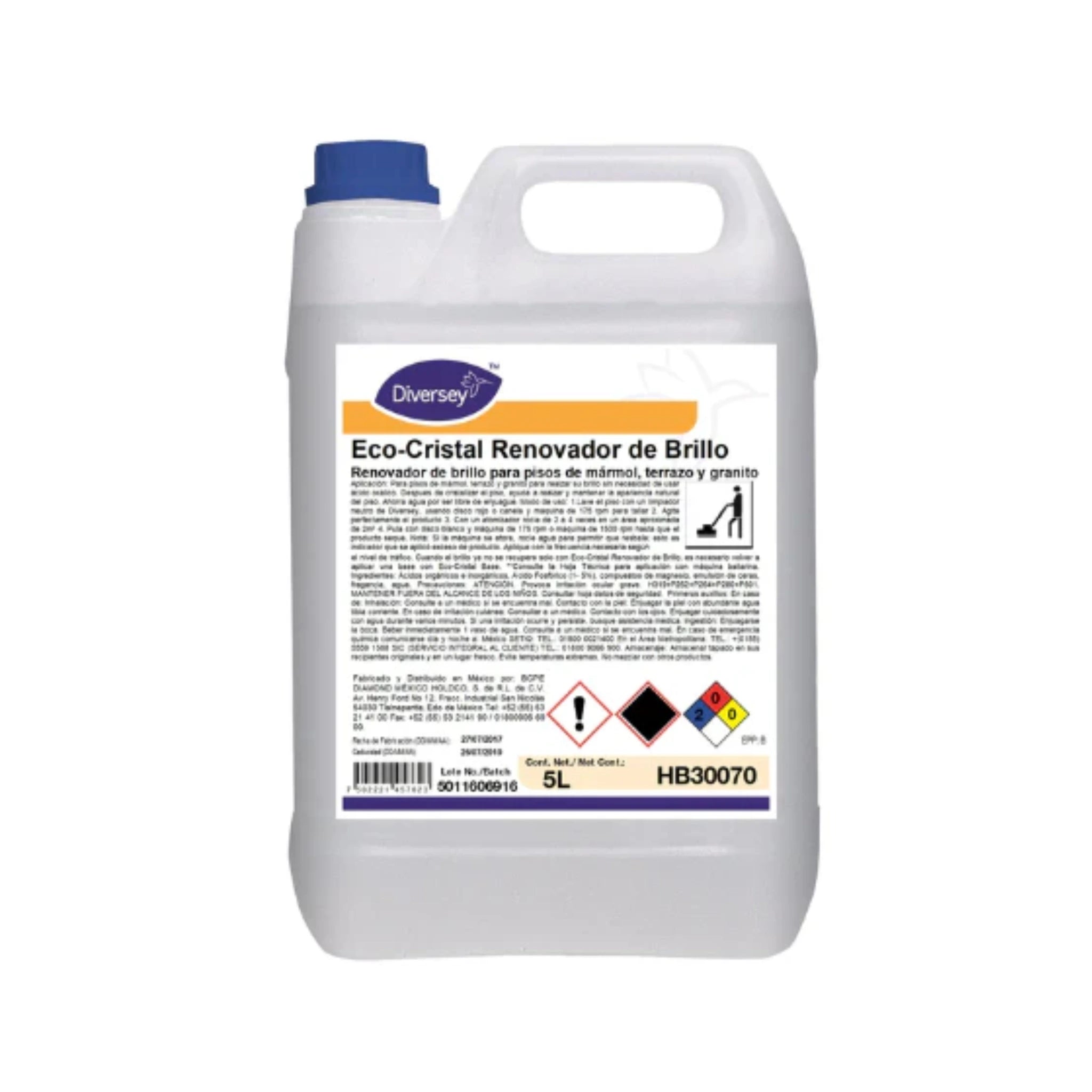 Envase de 5 litros del renovador de brillo para pisos de piedra Eco-Cristal Renovador de Diversey.