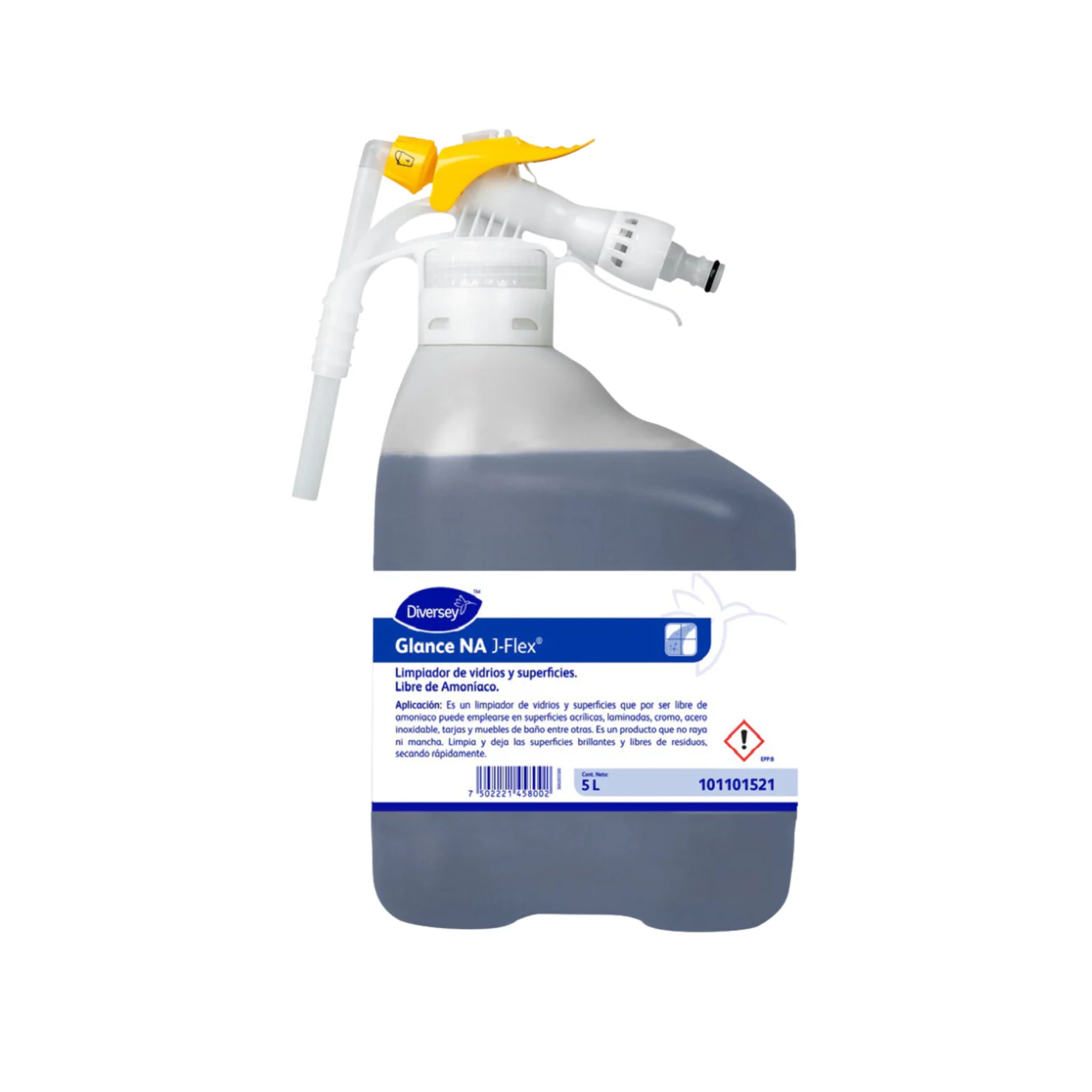 Botellas de los sistemas J-Flex y Accumix del limpiador de vidrios y superficies sin amoniaco Glance NA de Diversey.