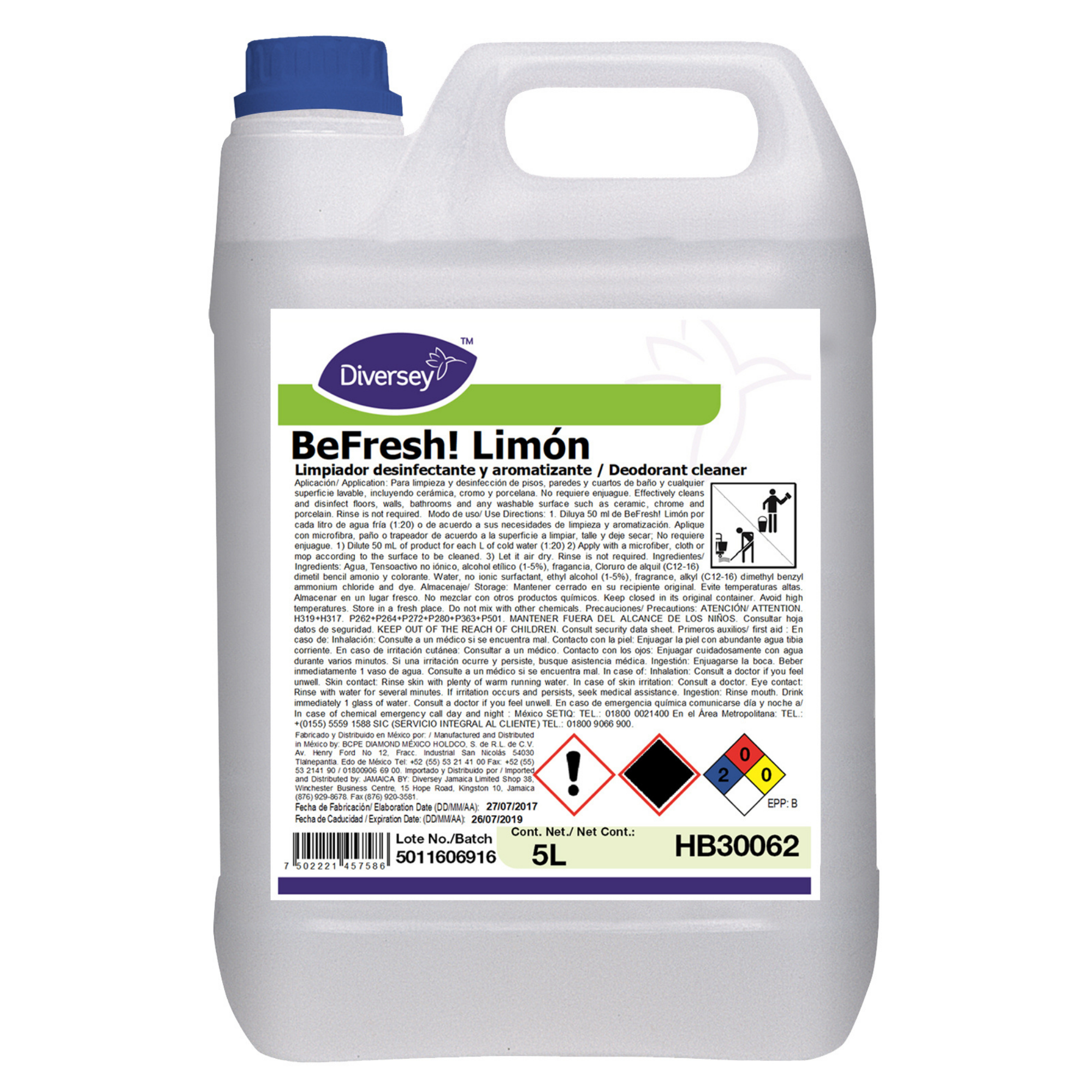 Limpiador Desinfectante Neutro Limón Diversey HB30062 - 5 Litros