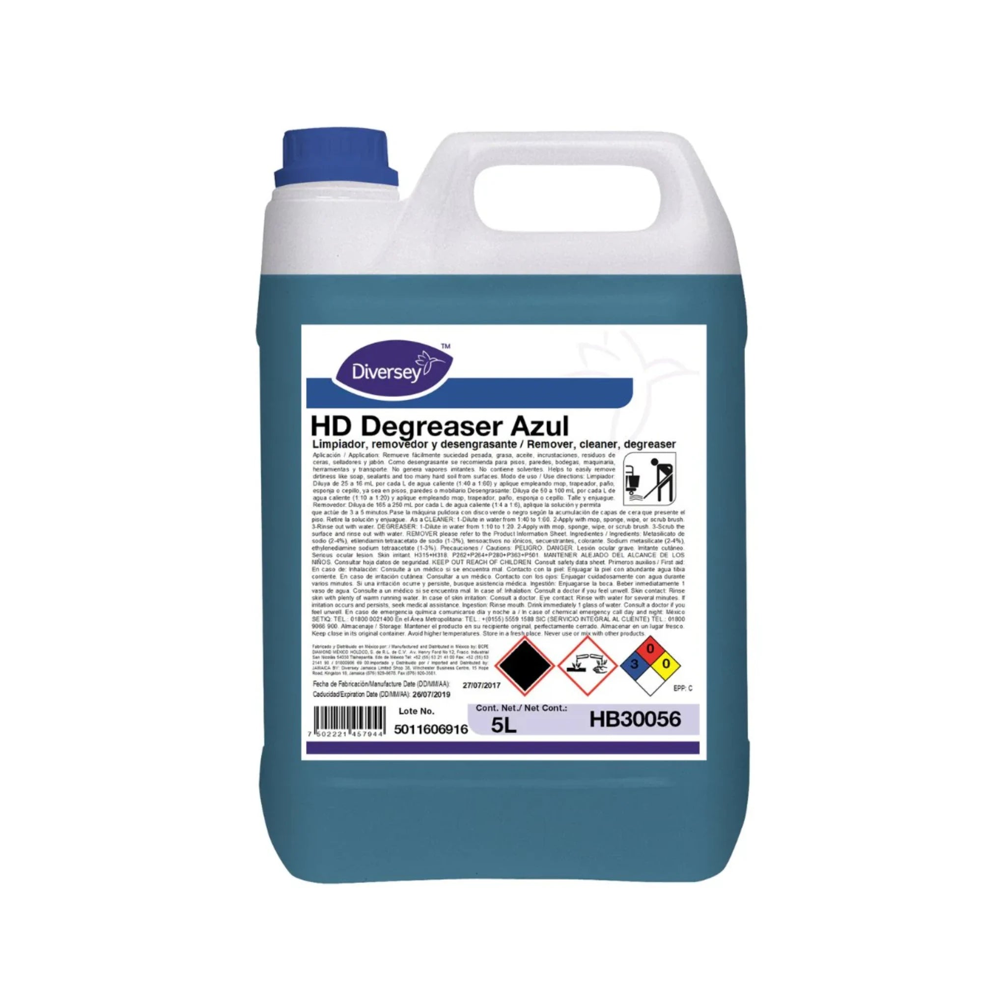 Envase de 5L del limpiador y desengrasante de alto poder HD Degreaser Azul de Diversey.