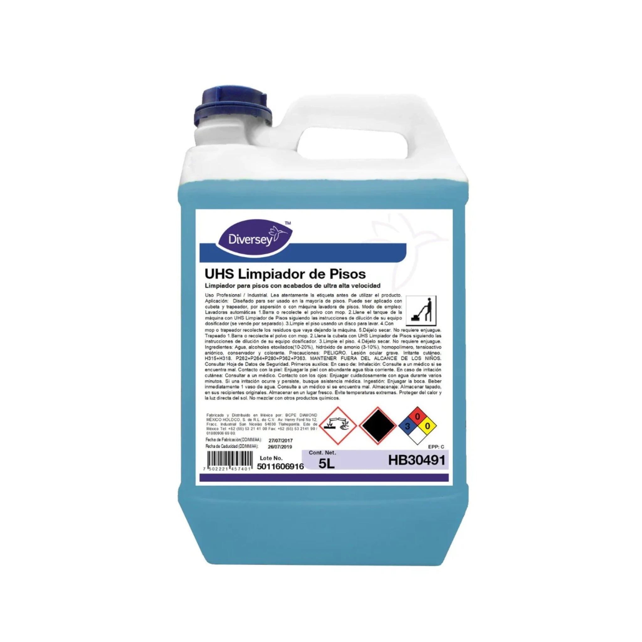 Envase de 5L del Limpiador de Pisos UHS de Diversey, diseñado para acabados de ultra alta velocidad.