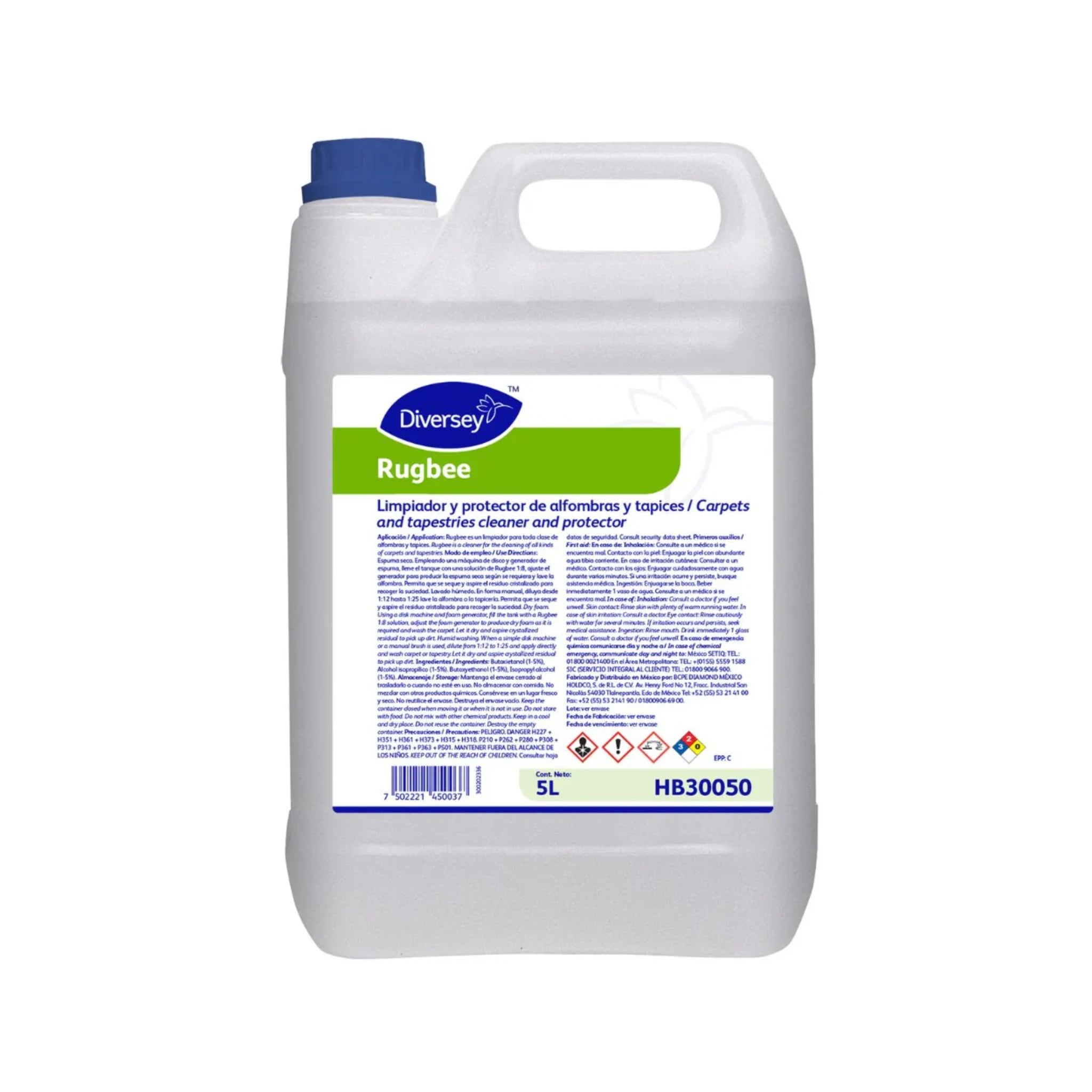 Envase de 5L del limpiador y protector de alfombras Rugbee de Diversey.