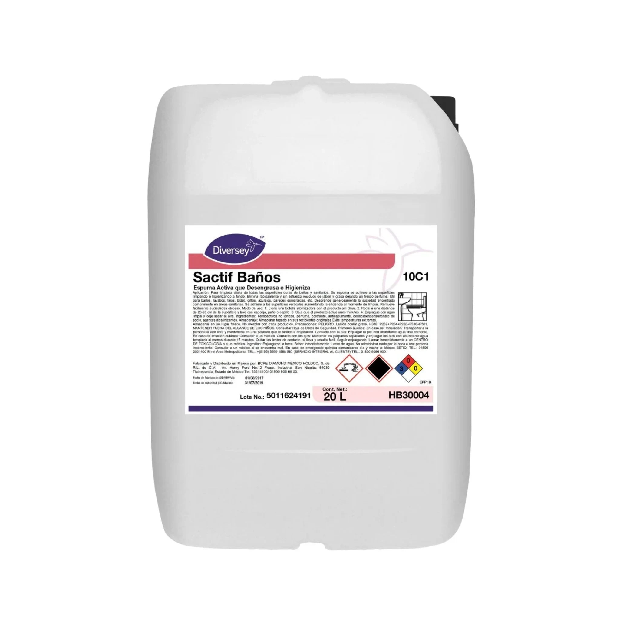 Bidón de 20L del limpiador en espuma para baños Sactif Baños de Diversey.