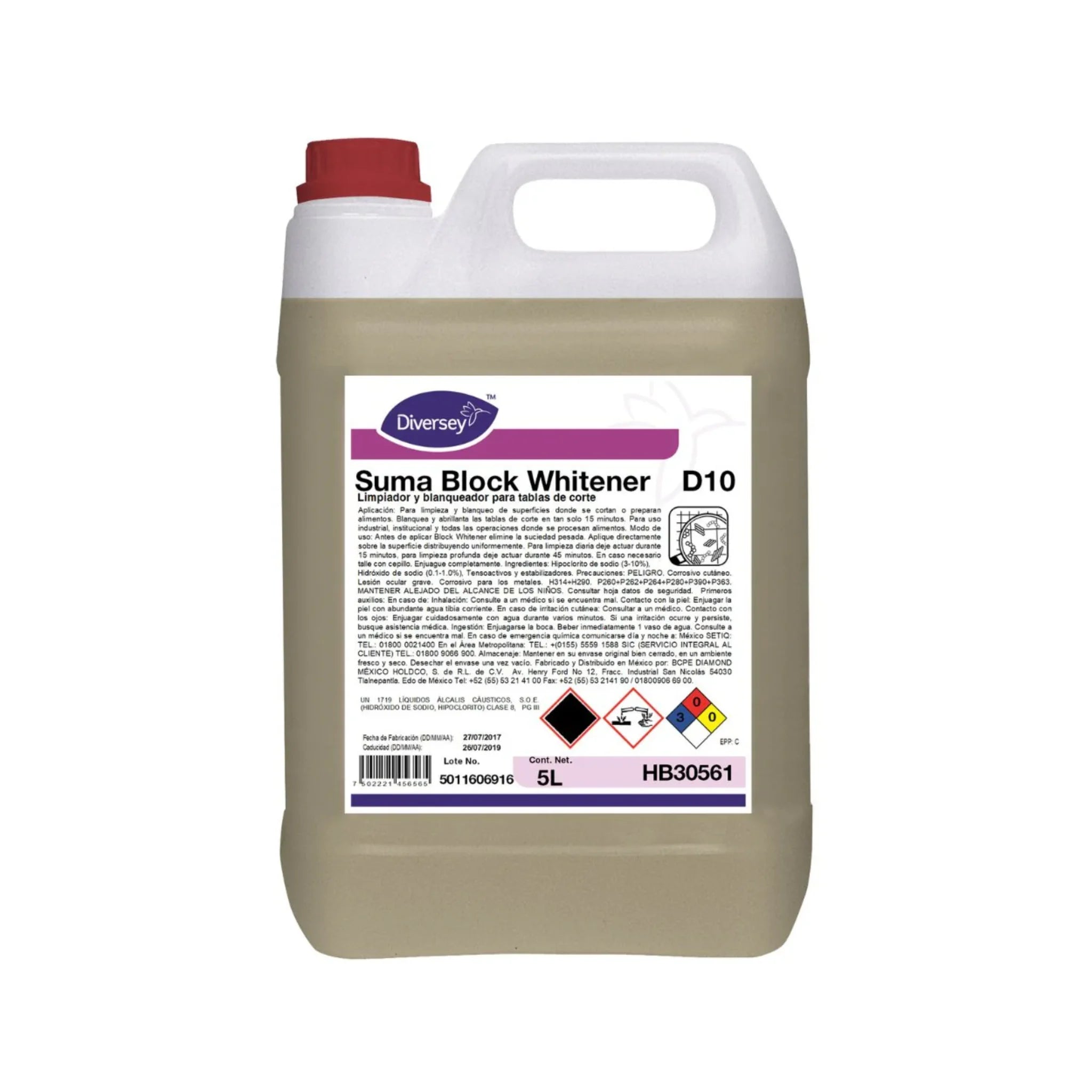 Envase de 5L del limpiador y blanqueador para tablas de corte Suma Block Whitener de Diversey.