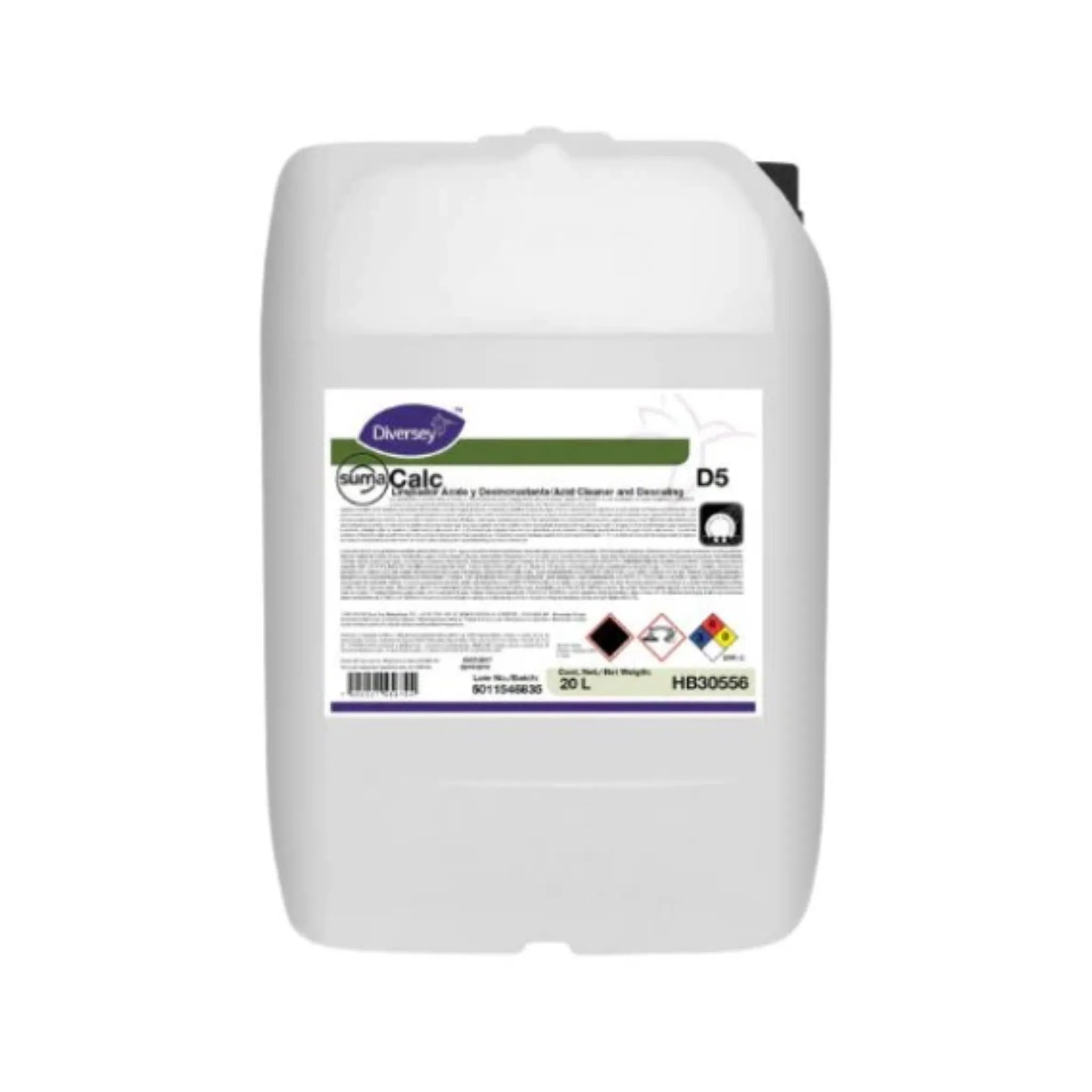 Envase de 20L y botella del sistema Accumix del limpiador ácido y desincrustante Suma Calc de Diversey.