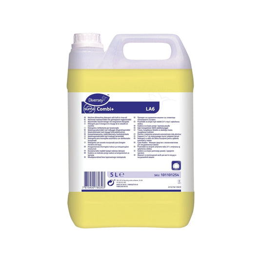 Envase de 5L del detergente y abrillantador 2 en 1 para lavaloza Suma Combi LA6 de Diversey.
