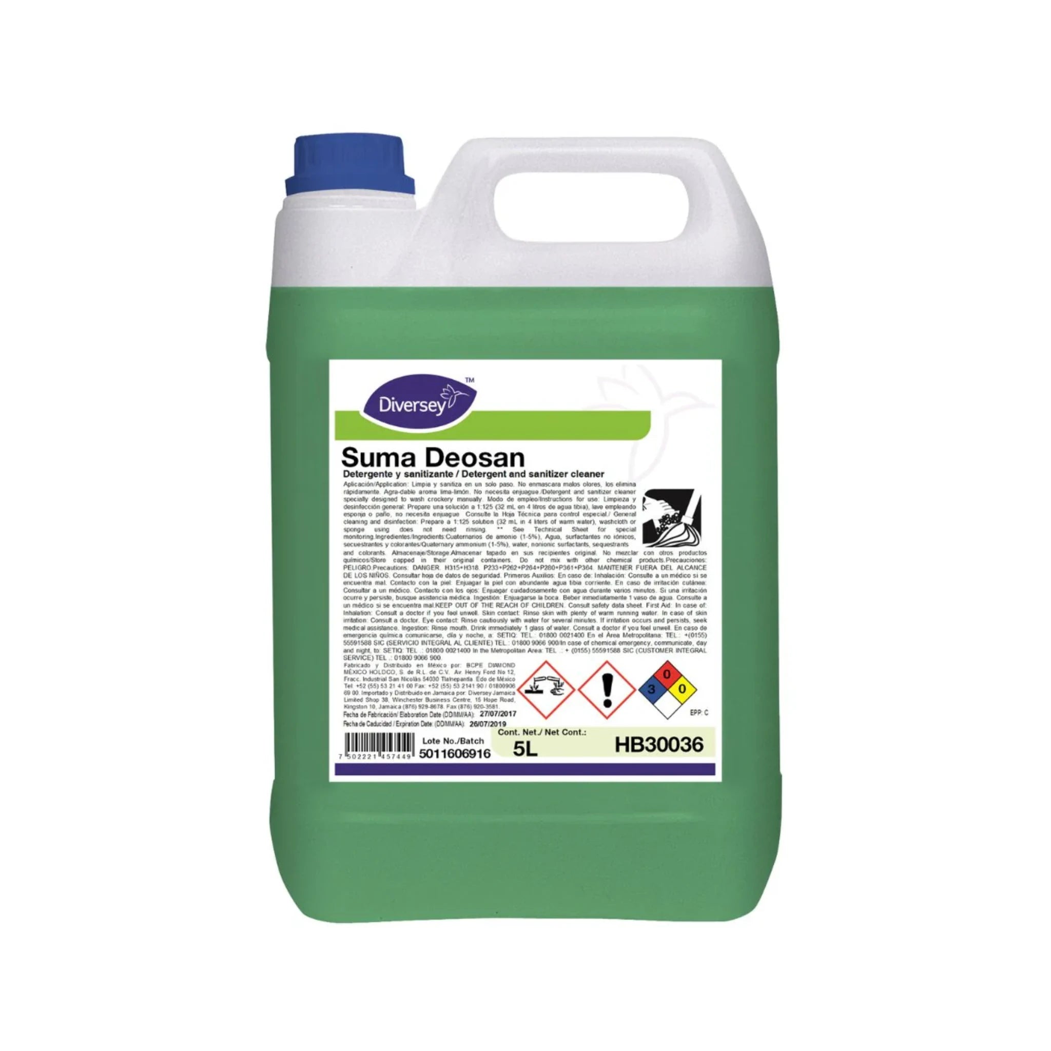 Envase de 5L del detergente y sanitizante 2 en 1 Suma Deosan de Diversey.