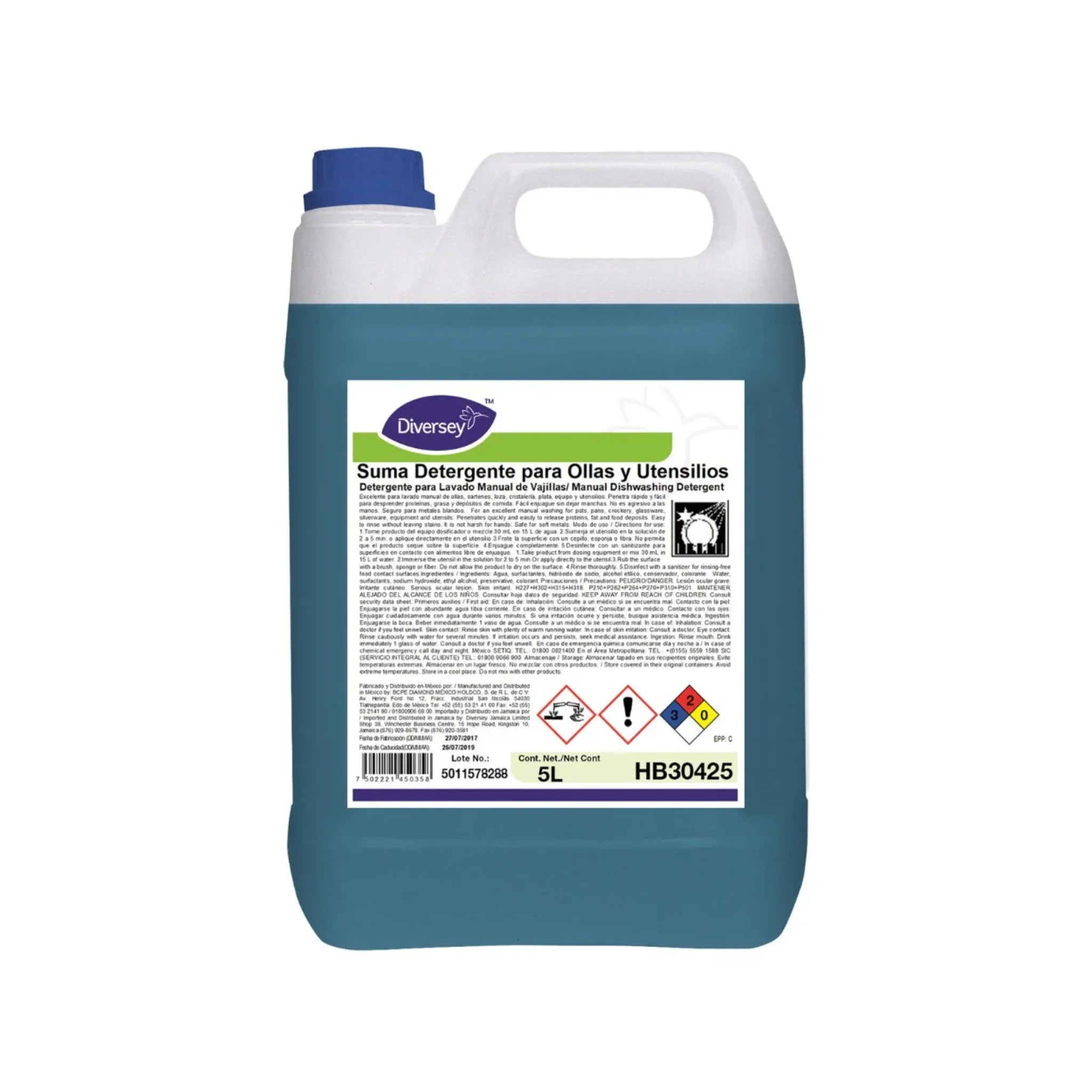 Envase de 5L del detergente concentrado para lavado manual Suma Detergente de Ollas y Utensilios de Diversey.