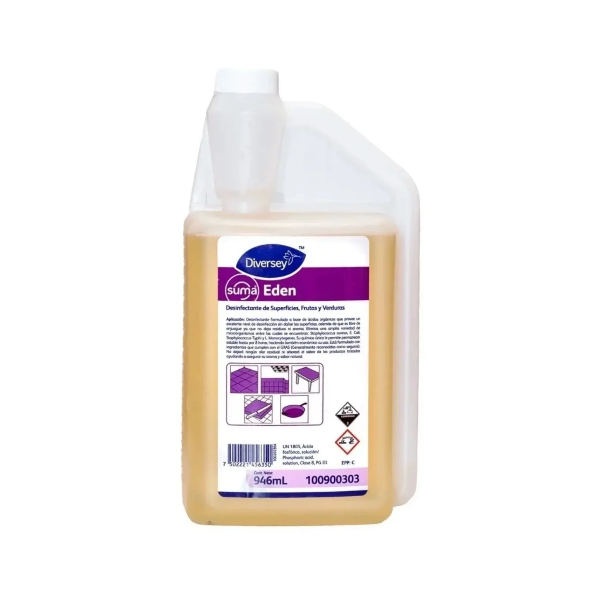 Envase de 1.89L y botella del sistema Accumix del desinfectante Suma Eden para frutas, verduras y superficies.