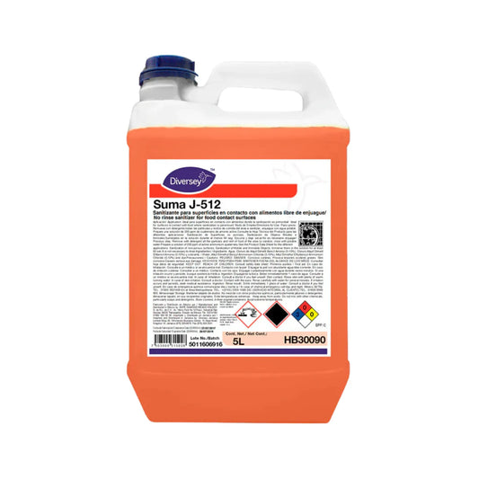 Envase de 5L y botella J-Flex del sanitizante sin enjuague Suma J-512 de Diversey.