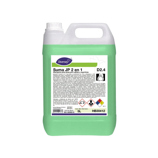 Envase de 5L del detergente y desengrasante 2 en 1 Suma JP de Diversey.