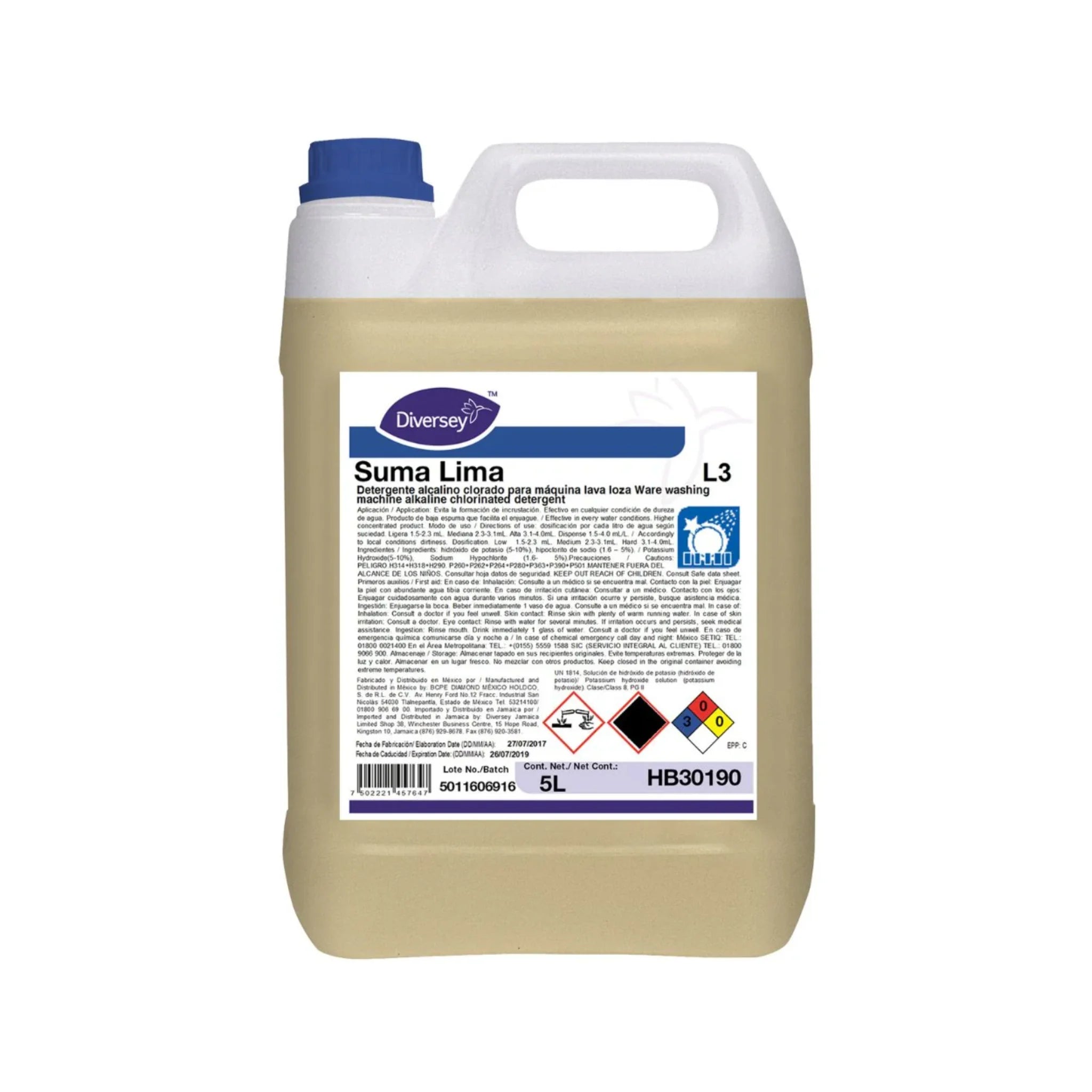 Envase de 5L del detergente clorado para máquina lavaloza Suma Lima de Diversey.
