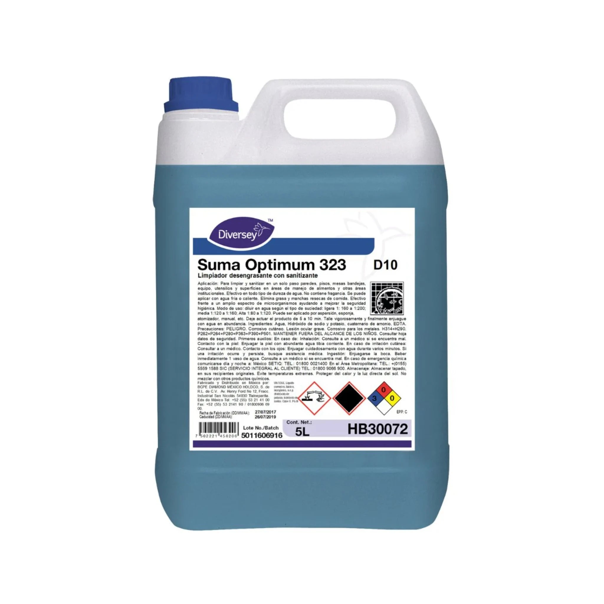 Envase de 5L del limpiador desengrasante con sanitizante Suma Optimum 323 de Diversey.